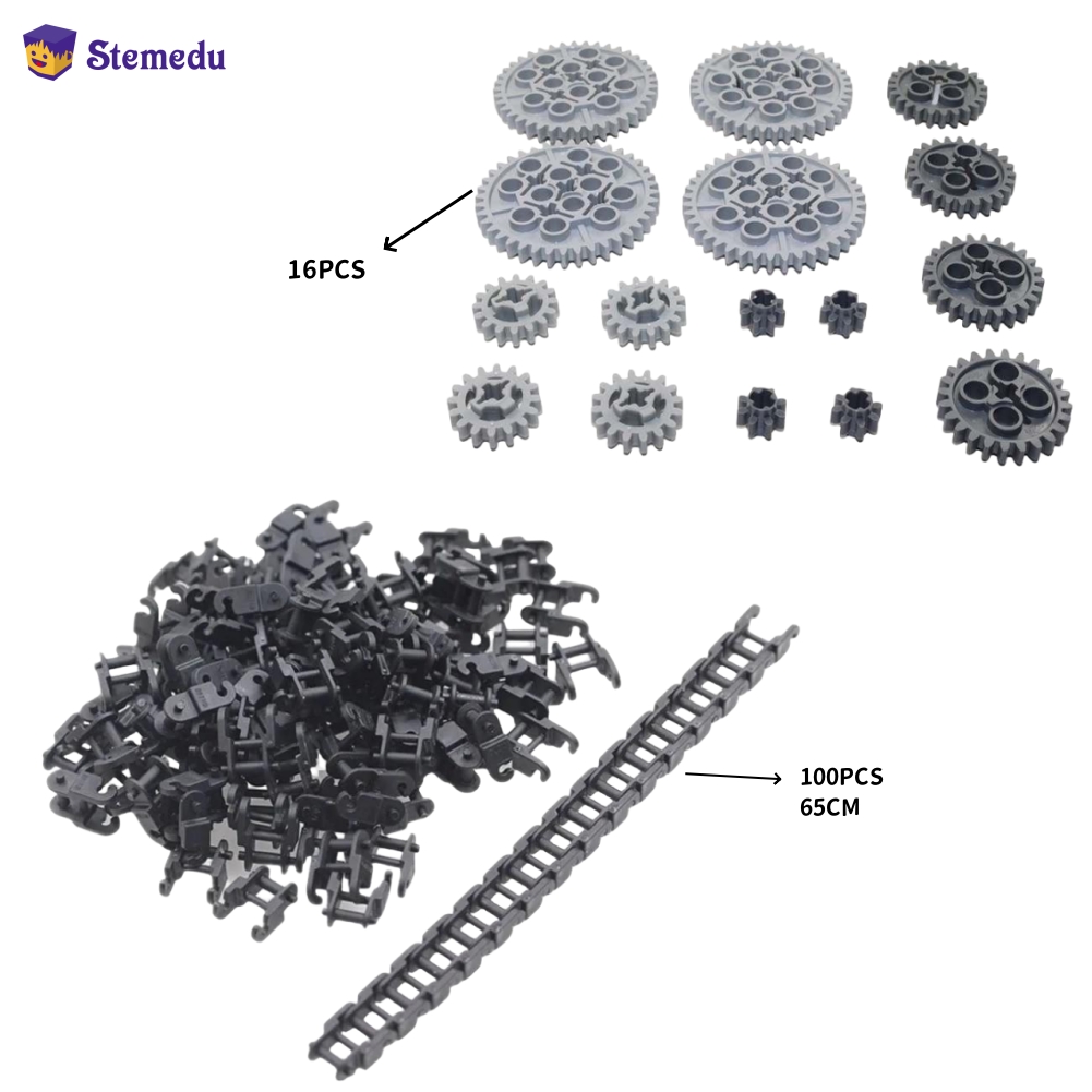 Lego Set Technic - Moc-歯付きギアトレイントラックリンクチェーンビルディングブロック、トラックレンガ、テクニカルパーツセット、3711、14696、10928、51416、3648、16個