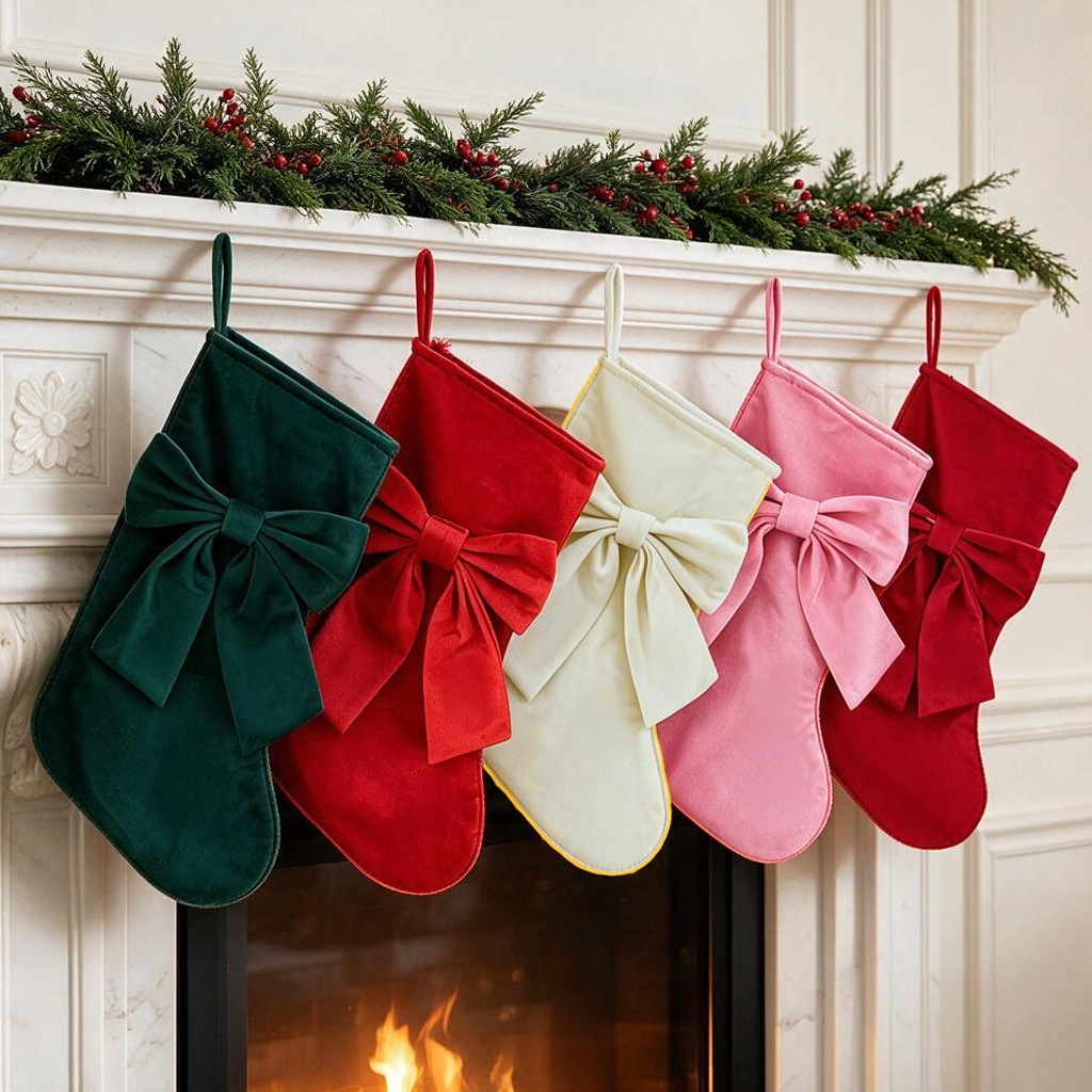 Christmas Stocking Hanging - クリスマスストッキング1個、リボンギフトバッグ、クリスマス暖炉用吊り下げ飾り、フランネル製キャンディバッグ