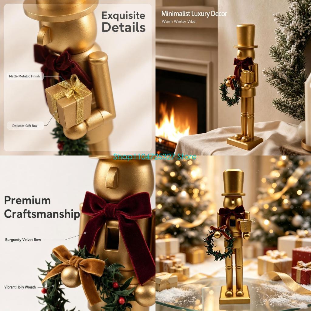 Nutcracker Figurine - D8KF ホリデー卓上くるみ割り人形置物 マットゴールド 木製クリスマス装飾 マントルピース用リースアクセント付き エントリーテーブル
