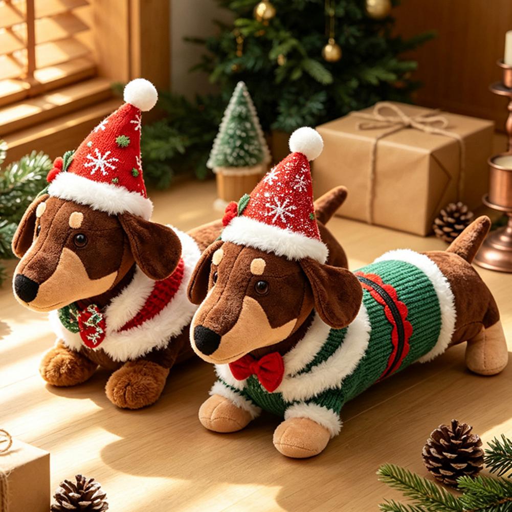 Santa Hat Plush - ダックスフントのクリスマスぬいぐるみ、クリスマスデコレーションぬいぐるみ、サンタ帽子をかぶったクリスマスダックスフントぬいぐるみ、柔らかい犬のぬいぐるみ