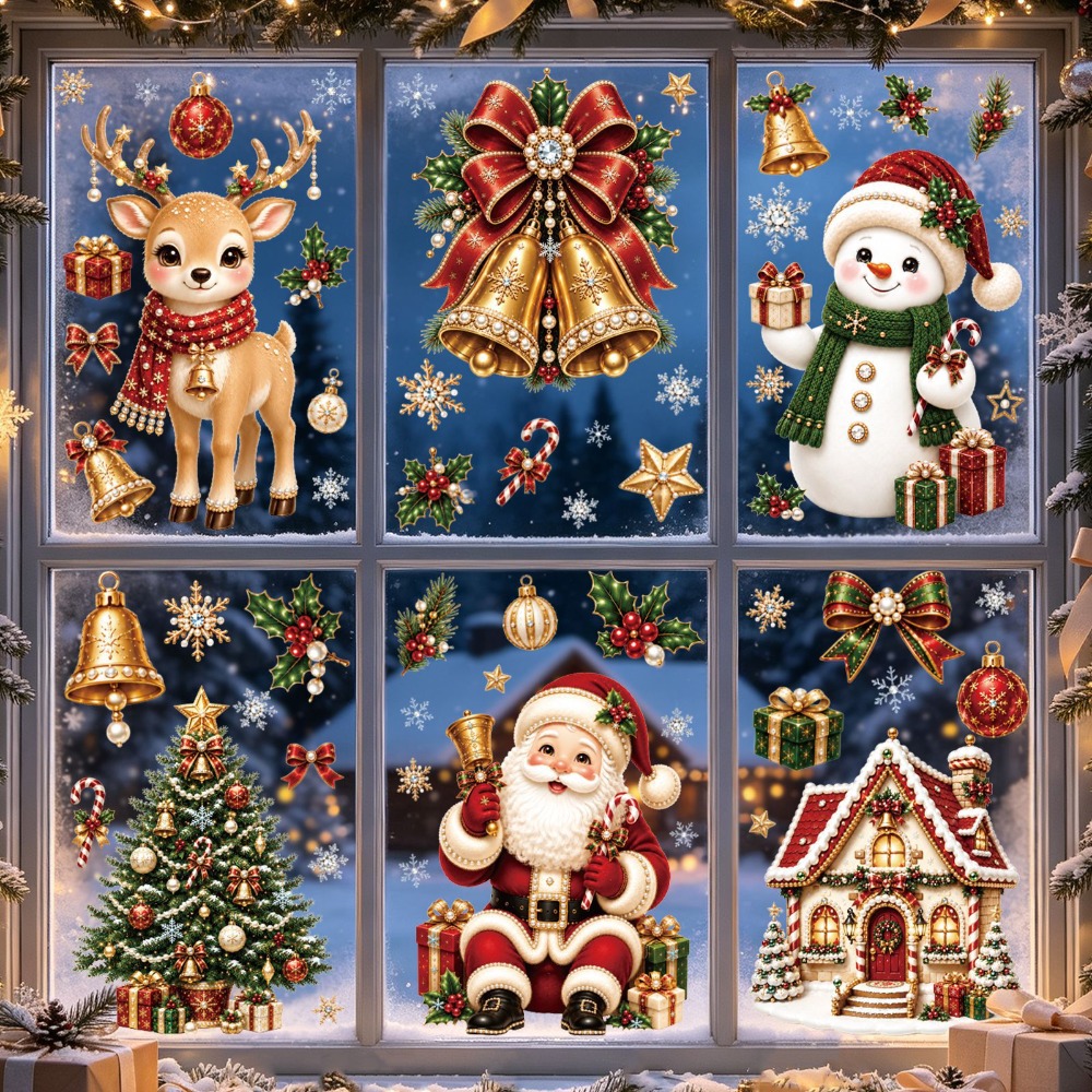 Snowflake Window Decal - 2027年クリスマス 新しいウィンドウステッカー かわいいサンタ トナカイ 雪だるま 雪の結晶