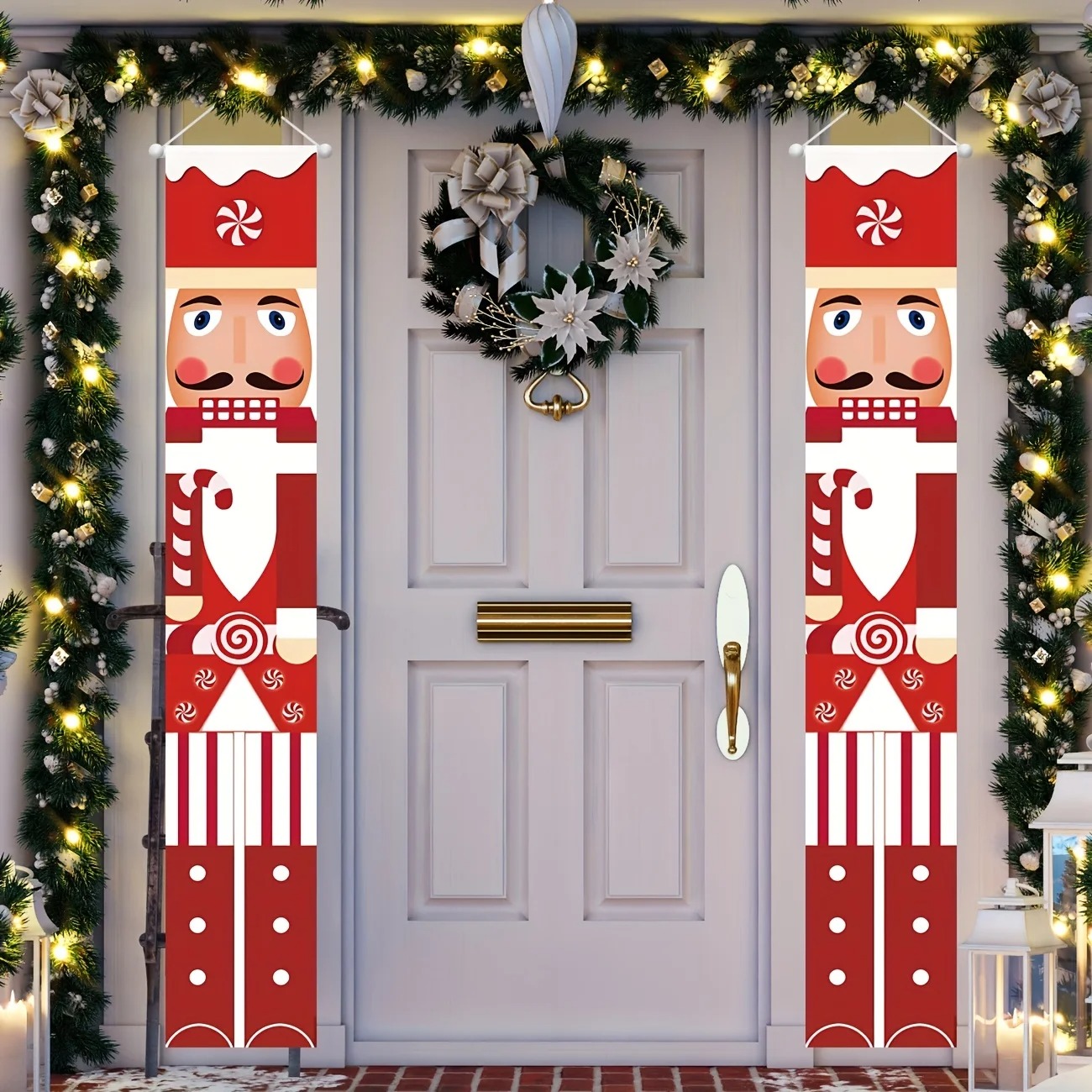 Nutcracker Figurine - クリスマスバナーセット くるみ割り人形の兵士 キャンディプリント 縦型ドアカプレット 玄関ドア用 屋外クリスマスホリデー壁飾り