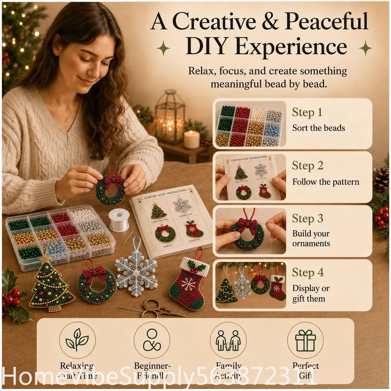4ピース 3Dビーズ クリスマスツリー＆スノーフレーク DI - Christmas Stocking Hanging のレビューと価格